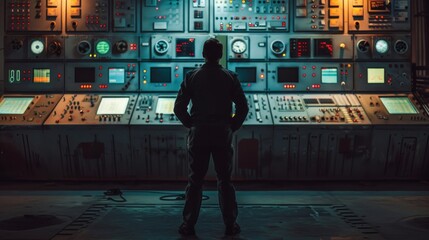 A solitary figure stands in front of a large control panel posture suggesting they are ready to take on any challenge that comes . . - obrazy, fototapety, plakaty