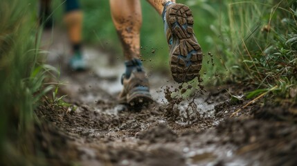 Close-up of trail runner's feet in motion, mud-splattered running shoes on dirt path, meadow alongside