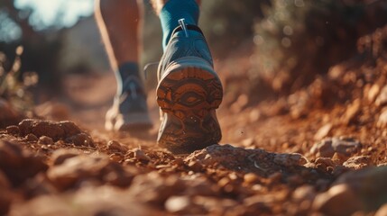 Dynamic close-up of trail runner's shoes on a rugged dirt route, capturing the essence of mountain trail adventure - obrazy, fototapety, plakaty