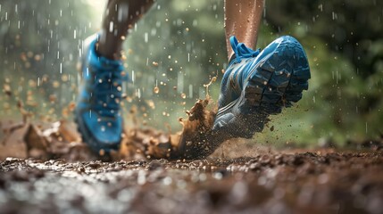Dynamic shot of trail running shoes on a dirt path, forest blur in the background, essence of trail running