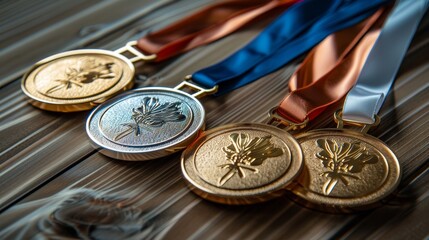 Gold, silver, and bronze medals in a triumphant close-up, ribbons perfectly aligned, the epitome of Olympic winning - obrazy, fototapety, plakaty