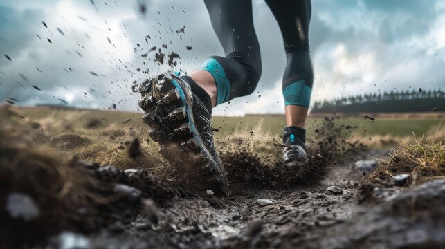 Intensity in motion, close-up on trail running shoes tackling a challenging dirt path, field and sky beyond