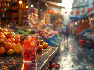 A glass of a drink sitting on top of some oranges.
