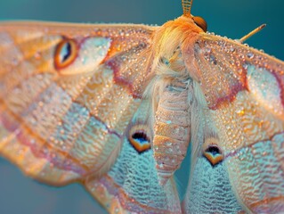 A close up of a large moth with water droplets on it.