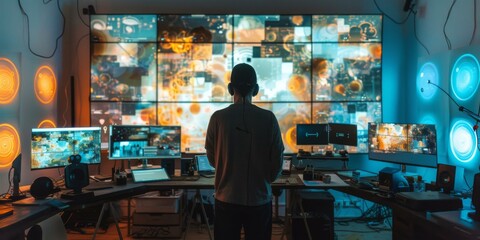 A man standing in front of a large screen with multiple monitors. Generative AI.