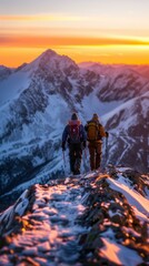 Two people hiking up a mountain at sunset with their backpacks. - obrazy, fototapety, plakaty