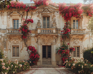 Fototapeta na wymiar The facade of a baroque building, adorned with geometric reliefs, surrounded by gardens bursting with blooms and colorful petals