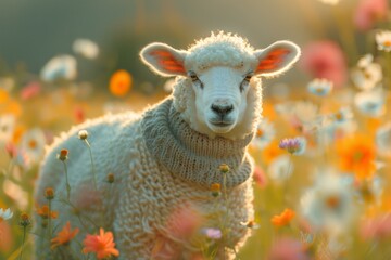 Naklejka premium A sheep wearing a sweater in the middle of flowers. Generative AI.