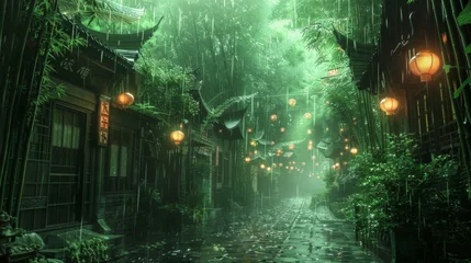 Poster 3D rendering of an ancient Chinese street with bamboo trees and lanterns © wanna