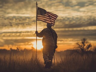A man holding an american flag in the sunset. Generative AI.
