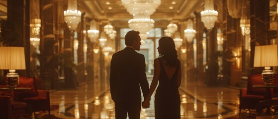 A man and woman holding hands in a hotel lobby.