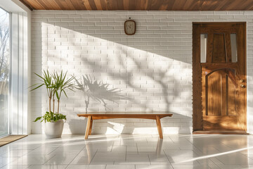 Mid century interior design of modern home entryway with wooden bench against white brick wall. - obrazy, fototapety, plakaty