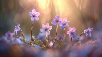 A group of small pink flowers are shown in a field. Generative AI.