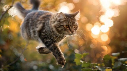 A cat is running through the air in front of a tree. Generative AI.
