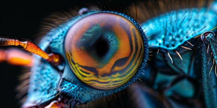 A close up of a blue bee with colorful eyes. Generative AI.