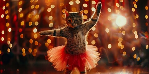 A cat in a tutu dancing on the floor with lights behind it. Generative AI. - obrazy, fototapety, plakaty