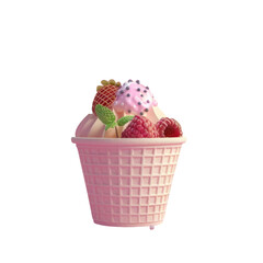 A pink ice cream cone with strawberry and raspberry topping