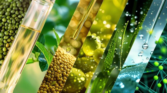A collage of different types of biofuels including photos of their sources such as soybeans sugarcane and algae. .