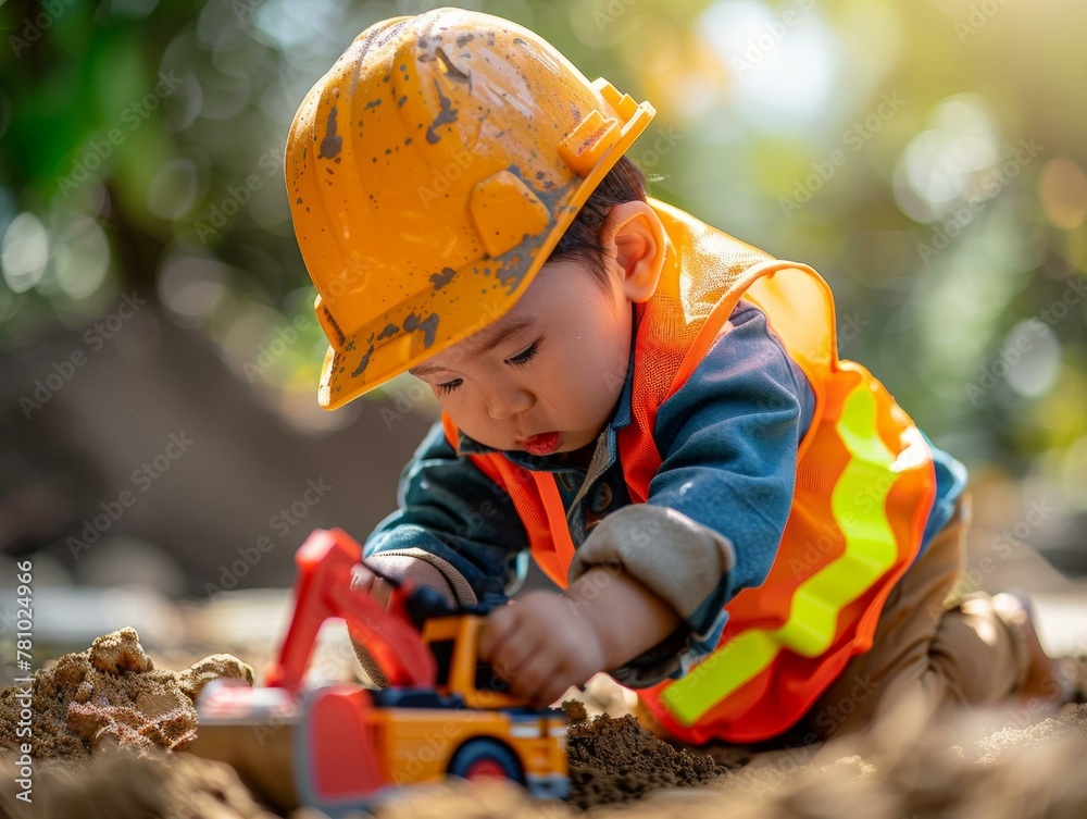 Wall mural a young boy in a hard hat playing with toy construction vehicle. generative ai.