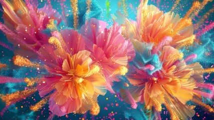 Floral fireworks exploding with hues of fuchsia turquoise and sunny yellow.