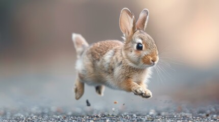 A small rabbit running on a gravel road. Generative AI.