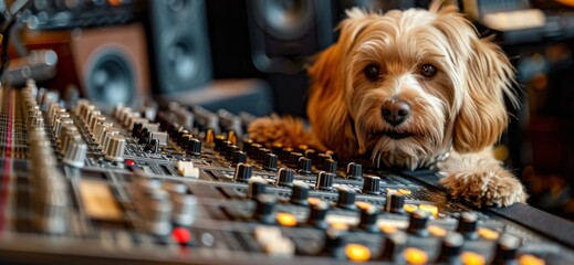 A dog sitting on top of a mixing board with his paws up. Generative AI.