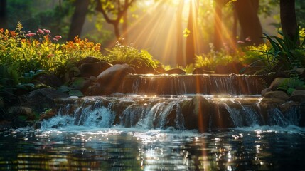 A waterfall in a forest with sun shining through the trees. Generative AI.