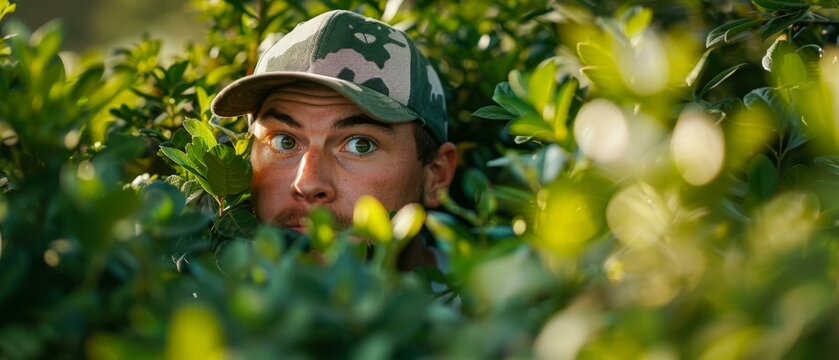 A man in camouflage hat peeking out from behind a bush. Generative AI.