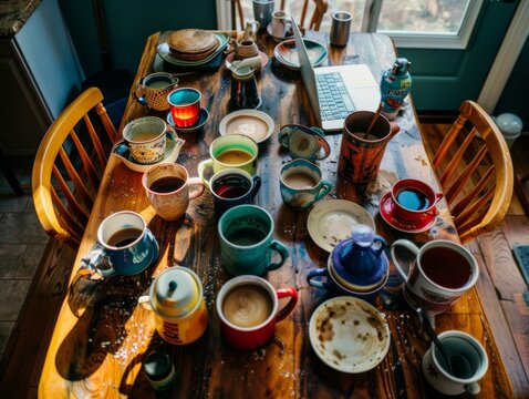 A table covered with many cups and mugs of coffee. Generative AI.