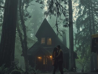 A couple standing in front of a cabin in the woods. Generative AI.