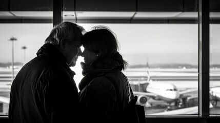 A couple standing in front of an airport window looking at each other. Generative AI.