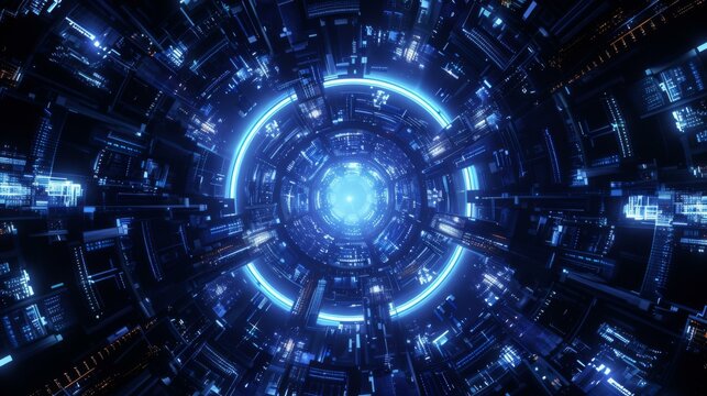 A futuristic looking blue and white circular structure. Generative AI.