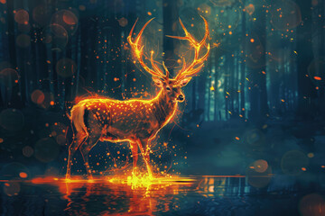 a deer standing in the forest with glowing fire and water