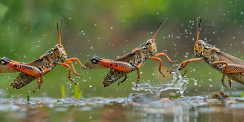 Three grasshoppers are jumping into the water in a pond. Generative AI.