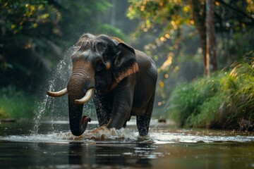 Fototapeta premium An elephant is walking through a river with water splashing around it. Generative AI.
