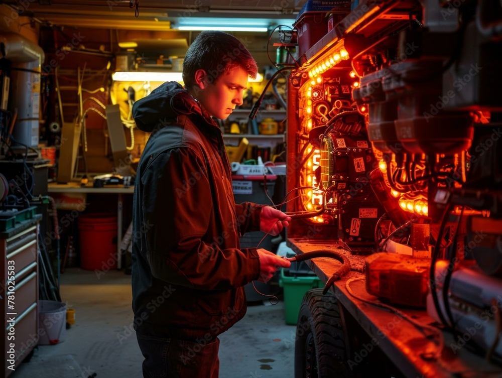 Wall mural A man in a garage working on an old car. Generative AI.