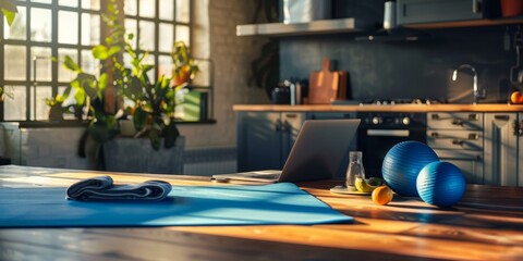 A kitchen with a laptop, yoga mat and a blue ball. Generative AI.