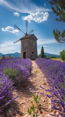 A windmill is surrounded by lavender fields in the middle of nowhere. Generative AI.