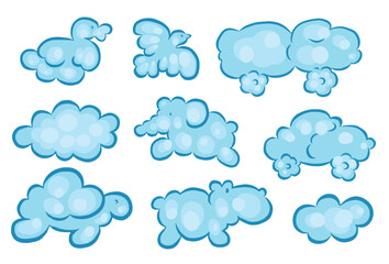 Vector children's illustration with clouds of different silhouettes in blue on a white background. Suitable for newborns. Clouds in the form of animals, birds, toys