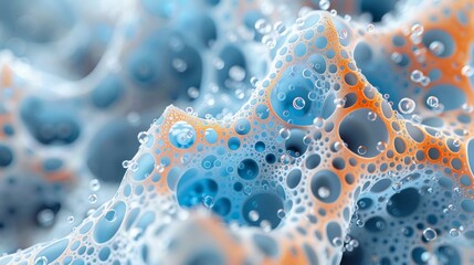 A close up of a blue and orange sponge with bubbles. Generative AI.
