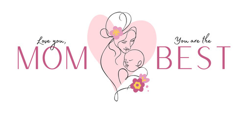 Banner with a linear illustration of a mother and child for Mother's Day. Drawing on a transparent background.