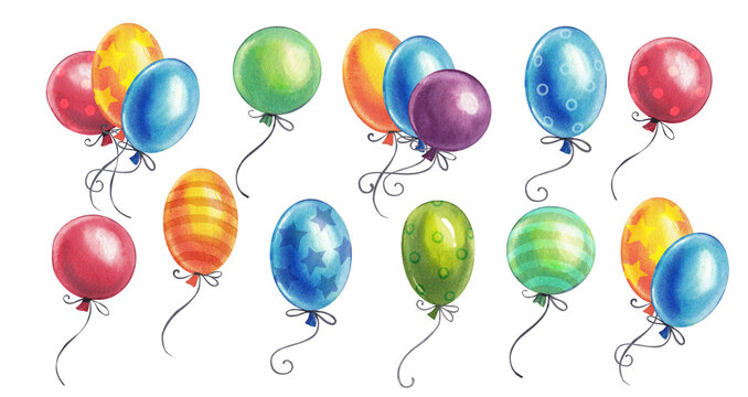 Large set of colorful festive watercolor balloons on a transparent background. A birthday decoration.