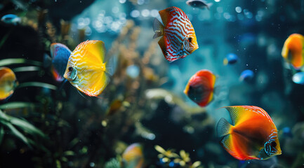 A group of colorful discus fish are swimming in an aquarium, with some floating at the bottom and others near water plants - Powered by Adobe