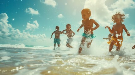 Generative AI : Group of Diversity little child boy and girl friends running and playing sea water at tropical beach  - Powered by Adobe