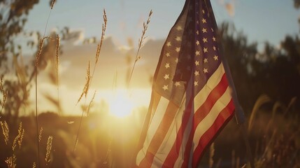 Generative AI : American flag waving in the sunrise.American flag for Memorial Day