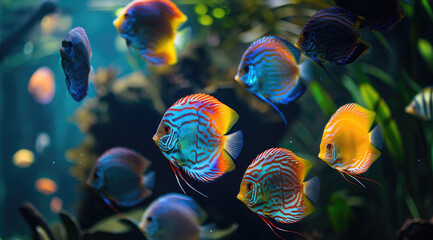 A group of colorful discus fish are swimming in an aquarium, with some floating at the bottom and others near water plants