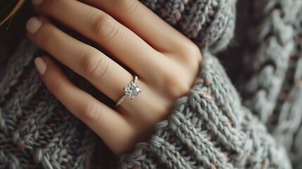 Generative AI : Close up of an elegant engagement diamond ring on woman finger