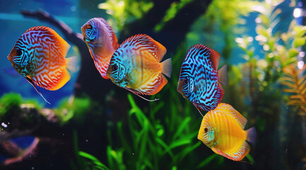 A group of colorful discus fish are swimming in an aquarium, with some floating at the bottom and...