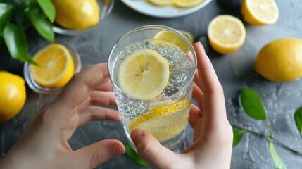 A person drinking a glass of water with lemon slices, promoting hydration and detoxification.