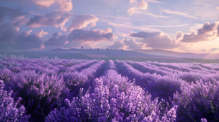 A field of lavender flowers with a cloudy sky in the background